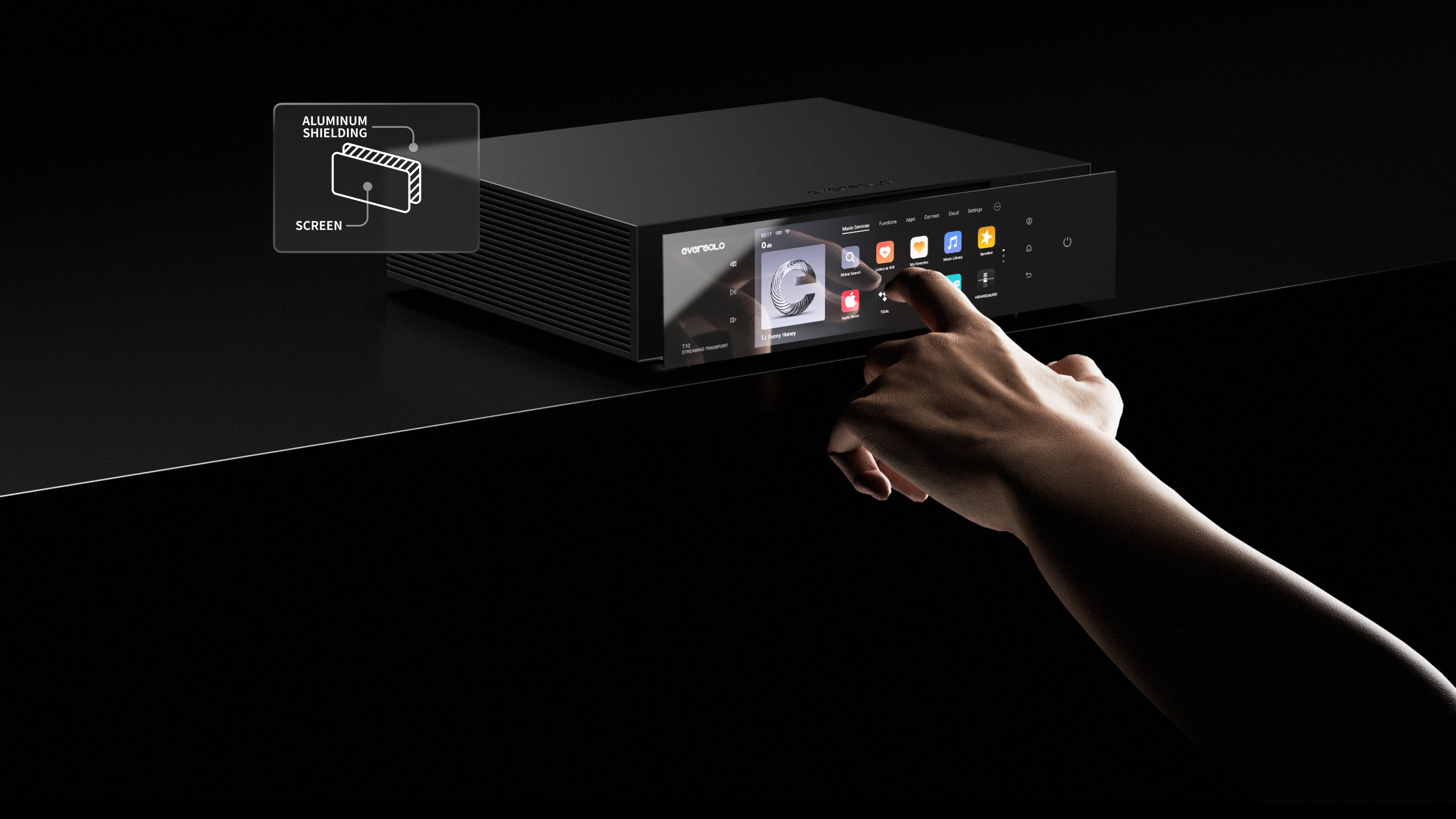 Eversolo T10 串流轉盤的 8.6 吋觸控螢幕、鋁合金前面板與電磁隔離結構示意