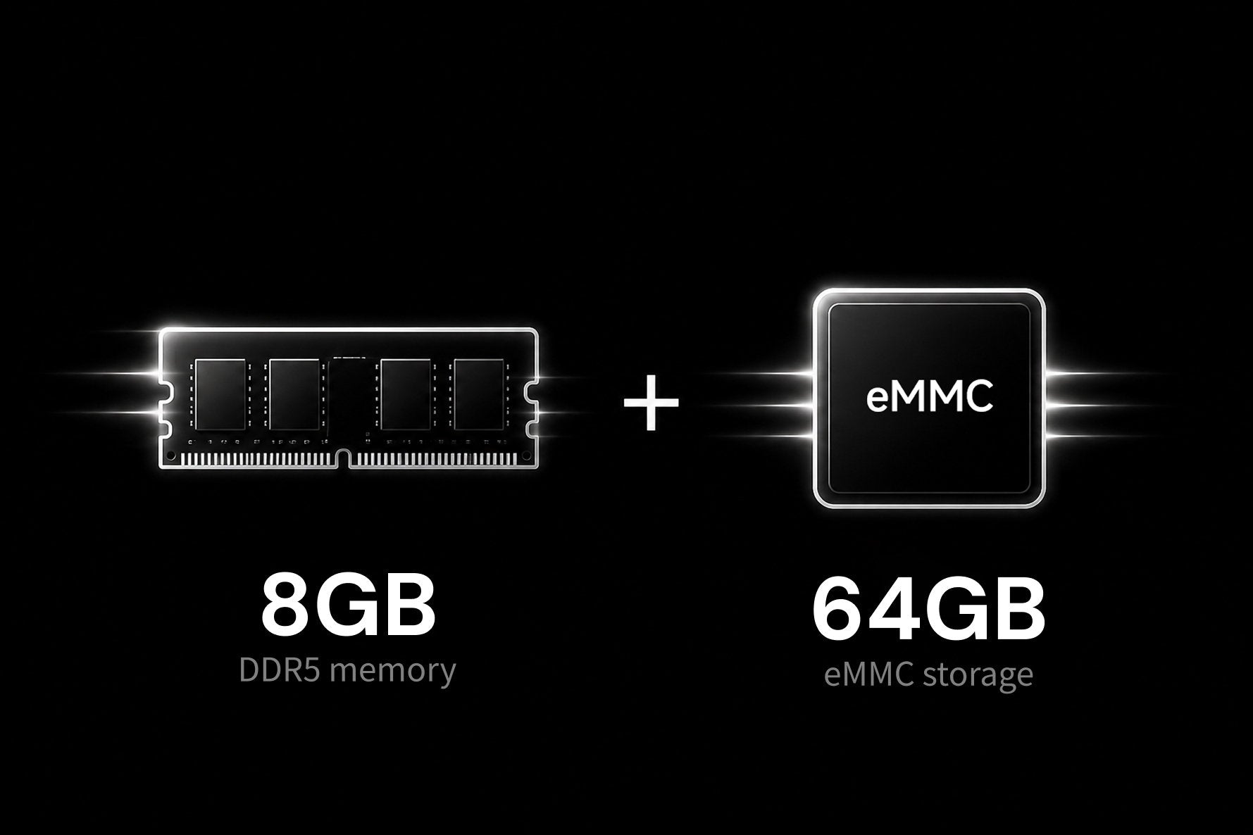 Eversolo T10 記憶體與儲存規格示意，標示 8GB DDR5 與 64GB eMMC