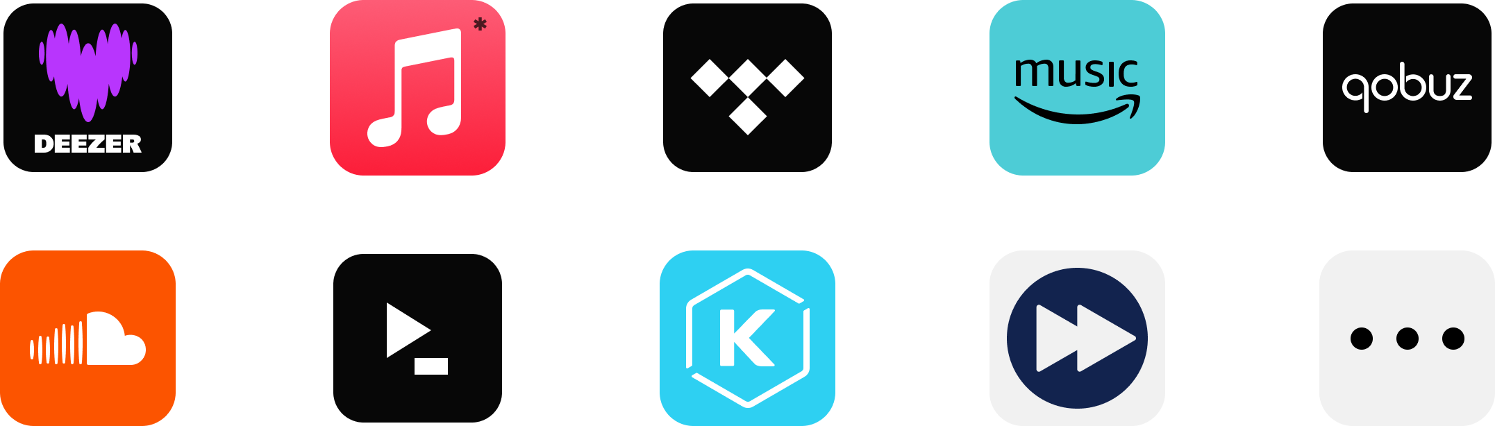 支援 Deezer、Apple Music、TIDAL、Amazon Music、Qobuz、SoundCloud、Presto Music、KKBOX 與 TuneIn Radio 等音樂服務